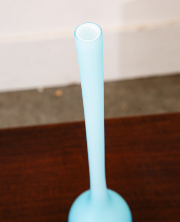 Mid Century Modern Art Glass Vase Blue Opaline Round Pencil Neck Cased Floral - Image 8