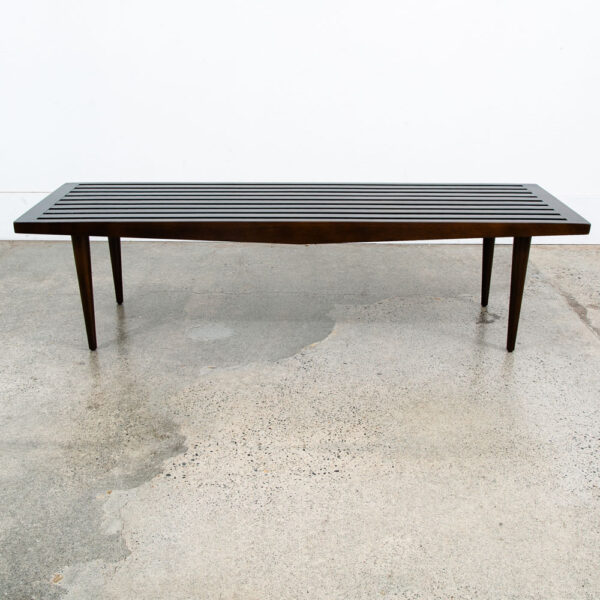 Mid Century Modern Slat Bench Coffee Table American Vintage Brown Wood Restored - Image 3