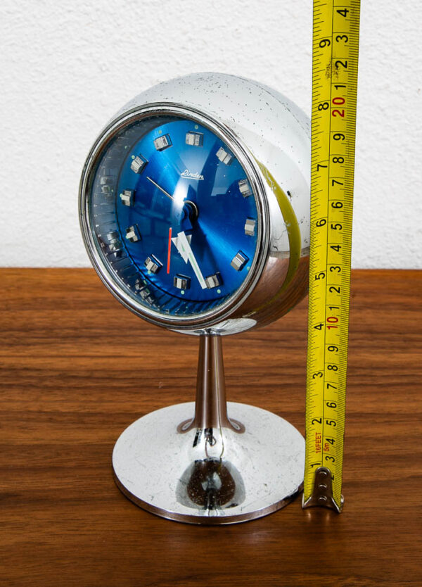 Mid Century Modern Alarm Clock Linden Japan Space Age Chrome Orb Blue Pedestal - Image 10
