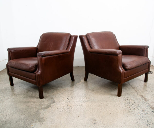 Mid Century Danish Modern Lounge Chairs Set Brown Leather Pair Two Chocolate Mcm - Image 2