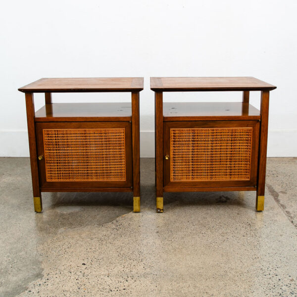 Mid Century Modern Nightstands End Side Tables Cane Walnut Founders Cabinet Set - Image 2