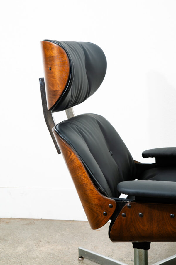 Mid Century Modern Lounge Chair Selig Plycraft Black Leather Swivel Walnut Metal - Image 7