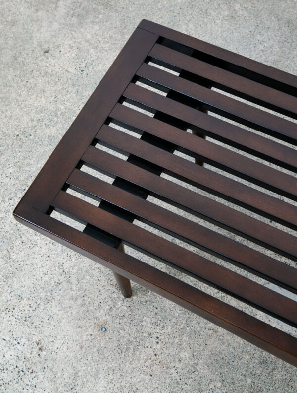 Mid Century Modern Slat Bench Coffee Table American Vintage Brown Wood Restored - Image 9
