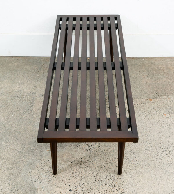 Mid Century Modern Slat Bench Coffee Table American Vintage Brown Wood Restored - Image 6