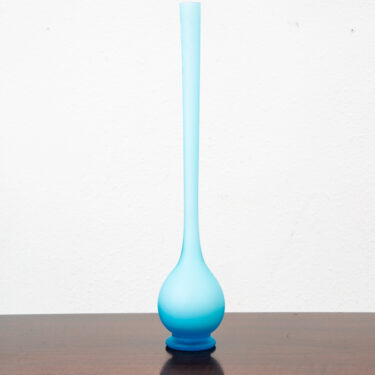 Mid Century Modern Art Glass Vase Blue Opaline Round Pencil Neck Cased Floral