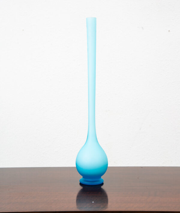 Mid Century Modern Art Glass Vase Blue Opaline Round Pencil Neck Cased Floral