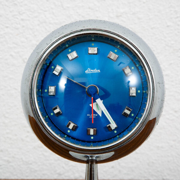 Mid Century Modern Alarm Clock Linden Japan Space Age Chrome Orb Blue Pedestal - Image 5