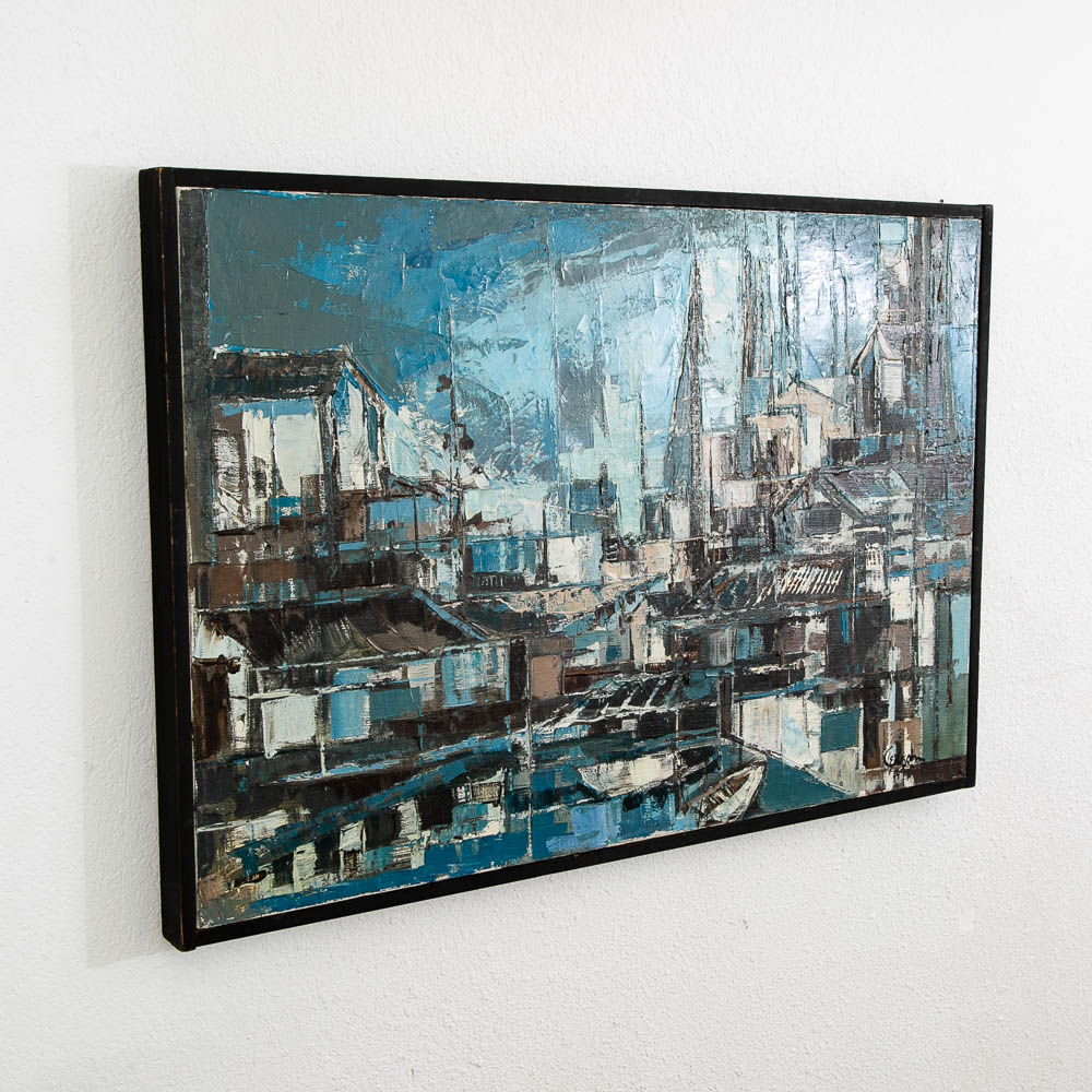 Mid Century Modern Abstract Cityscape Painting Original Art Blue Framed Signed - Image 2