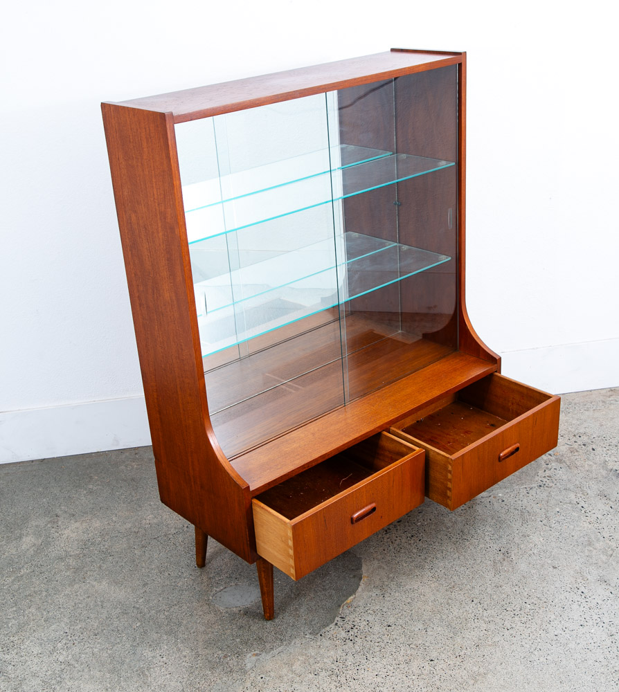 Mid Century Danish Modern Bookshelf Cabinet Teak Shelves Glass Shelves 2 Drawers - Image 4
