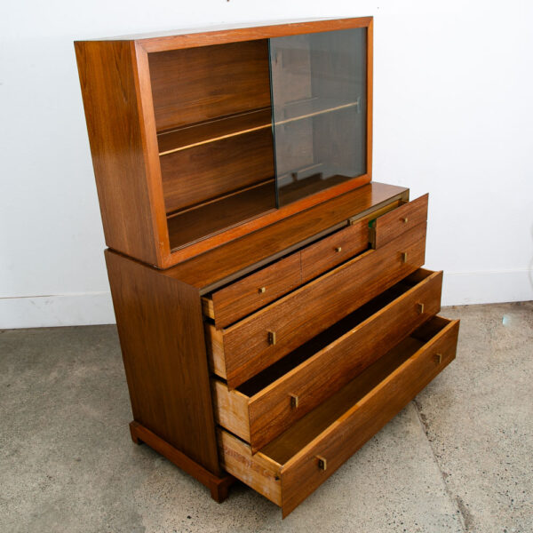 Mid Century Modern China Cabinet Hutch Albert Walnut Display Glass Drawers Doors - Image 3