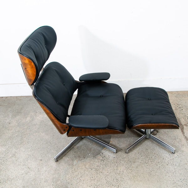 Mid Century Modern Lounge Chair Selig Plycraft Black Leather Swivel Walnut Metal - Image 6