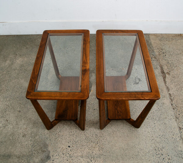 Mid Century  Modern End Tables Oak Glass Side Nightstands Shelf Pair Mcm - Image 5