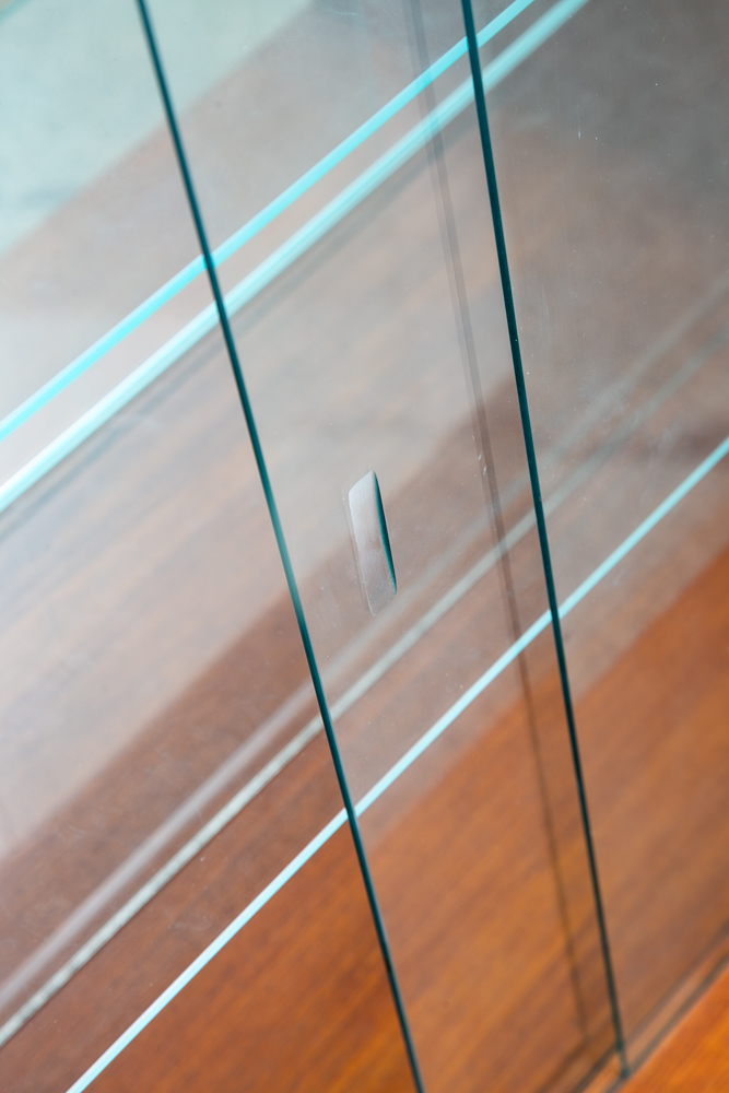 Mid Century Danish Modern Bookshelf Cabinet Teak Shelves Glass Shelves 2 Drawers - Image 5