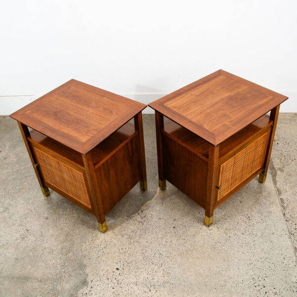 Mid Century Modern Nightstands End Side Tables Cane Walnut Founders Cabinet Set - Image 10