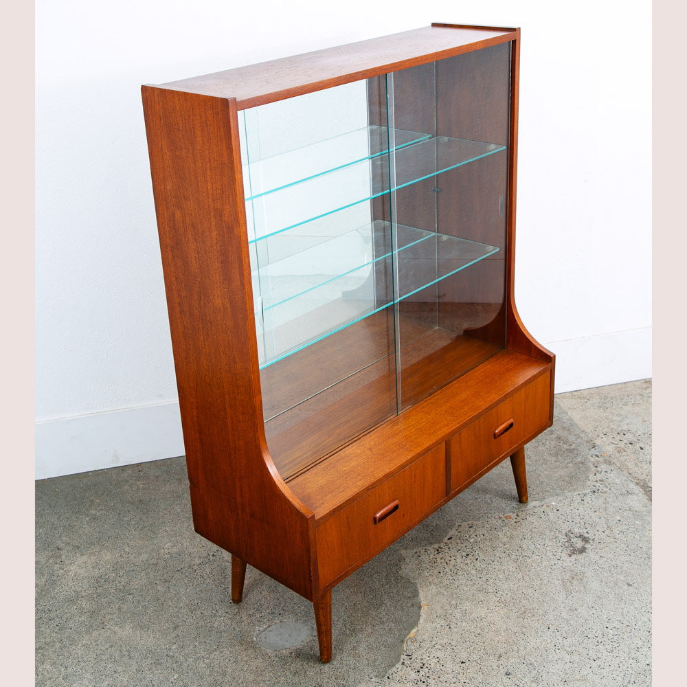 Mid Century Danish Modern Bookshelf Cabinet Teak Shelves Glass Shelves 2 Drawers