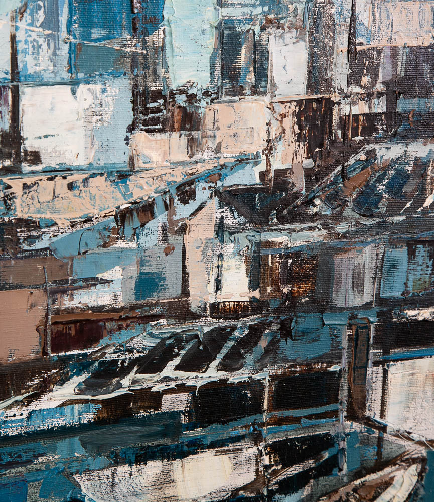 Mid Century Modern Abstract Cityscape Painting Original Art Blue Framed Signed - Image 8