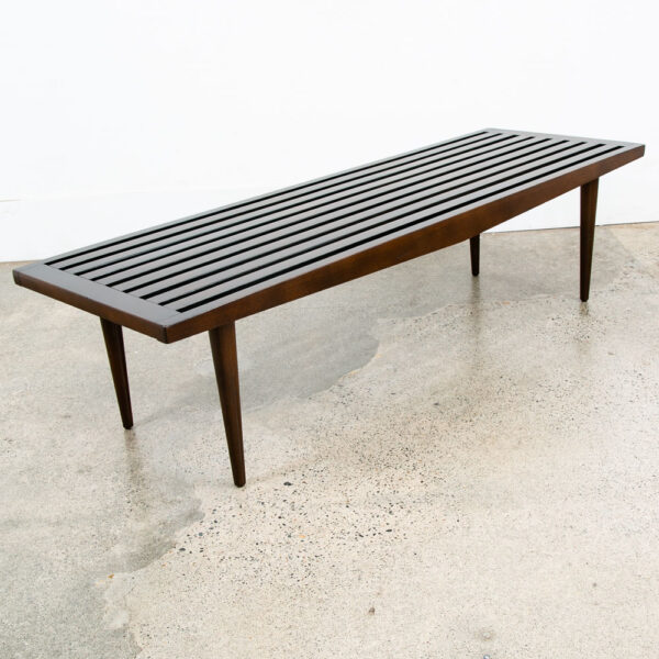Mid Century Modern Slat Bench Coffee Table American Vintage Brown Wood Restored - Image 4