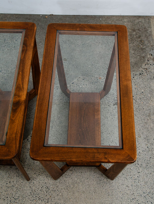 Mid Century  Modern End Tables Oak Glass Side Nightstands Shelf Pair Mcm - Image 9