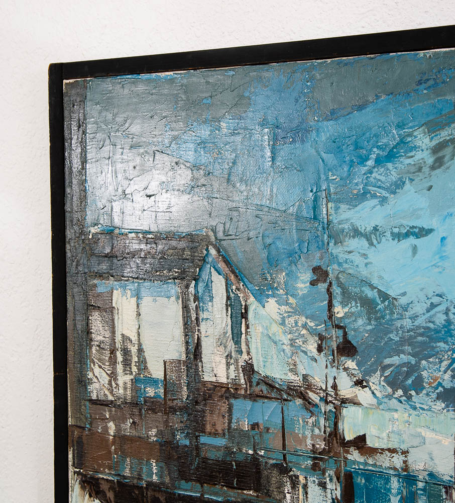 Mid Century Modern Abstract Cityscape Painting Original Art Blue Framed Signed - Image 6