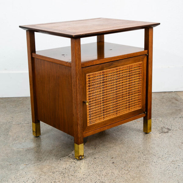 Mid Century Modern Nightstands End Side Tables Cane Walnut Founders Cabinet Set - Image 5