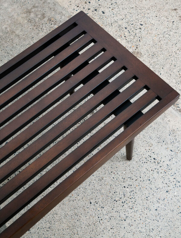 Mid Century Modern Slat Bench Coffee Table American Vintage Brown Wood Restored - Image 10