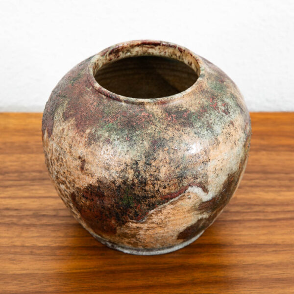 Mid Century Modern Studio Pottery Vase Raku Ceramic Textured Pot Round - Image 2