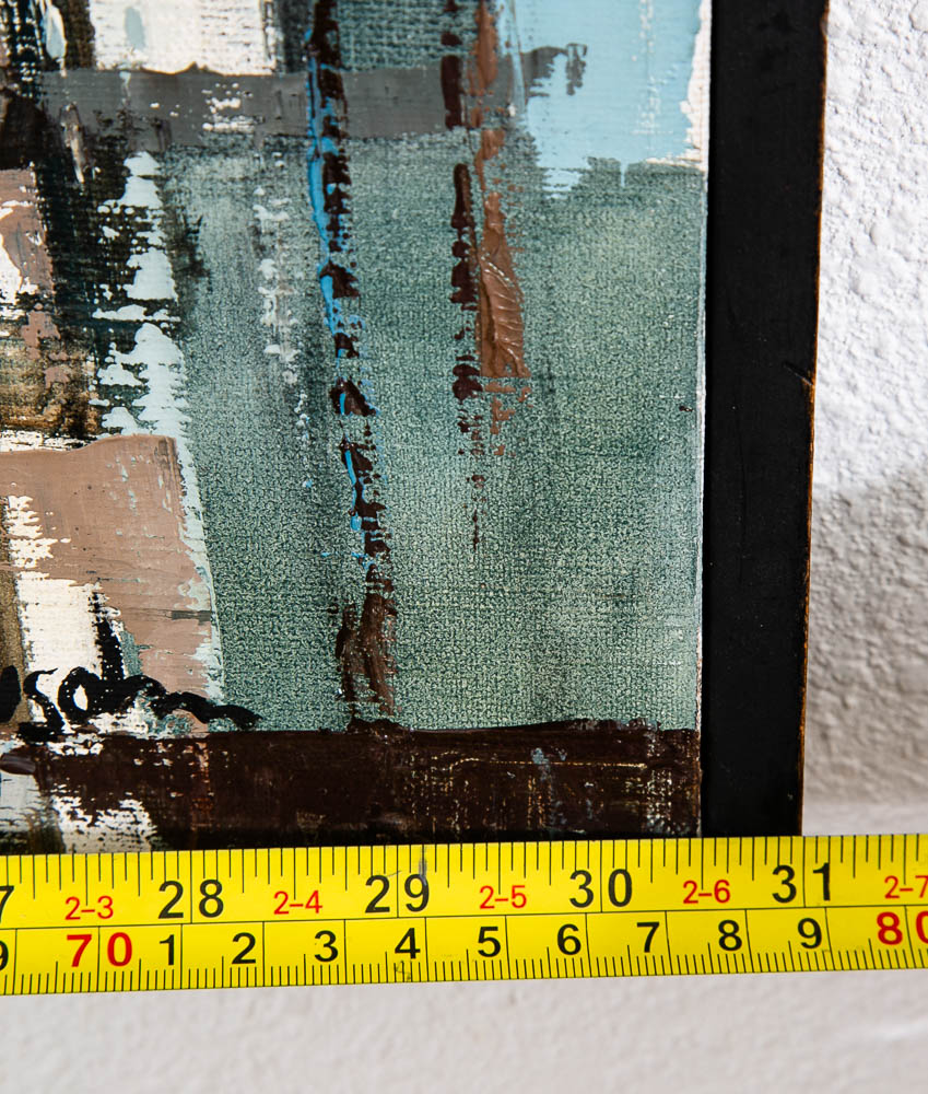 Mid Century Modern Abstract Cityscape Painting Original Art Blue Framed Signed - Image 9