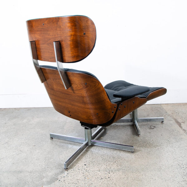 Mid Century Modern Lounge Chair Selig Plycraft Black Leather Swivel Walnut Metal - Image 3