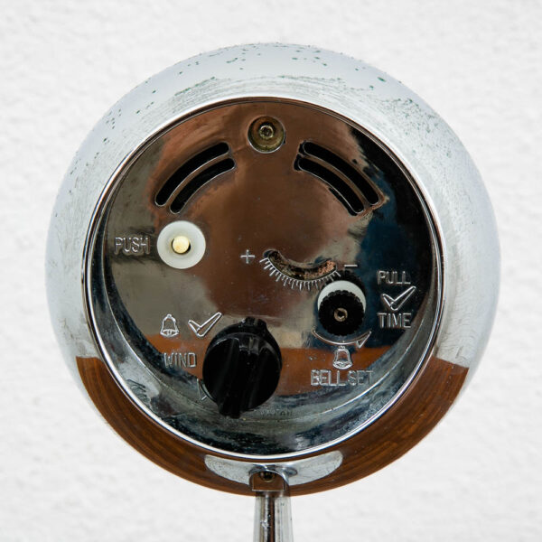 Mid Century Modern Alarm Clock Linden Japan Space Age Chrome Orb Blue Pedestal - Image 3