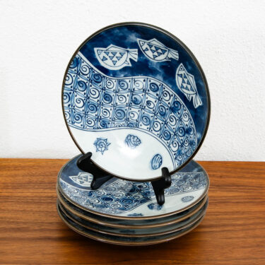 Mid Century Modern 5 Plate Set Fish Chiyama Kiln Minoware Japan Blue White 9"