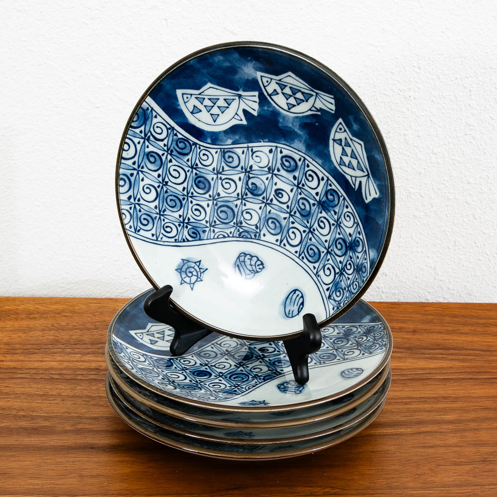 Mid Century Modern 5 Plate Set Fish Chiyama Kiln Minoware Japan Blue White 9"