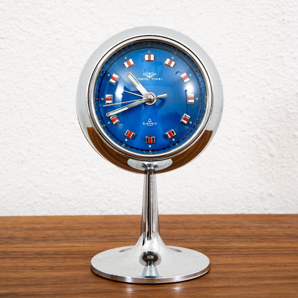 Mid Century Modern Alarm Clock Tokyo Tokei Space Age Chrome Orb Blue Pedestal - Image 2