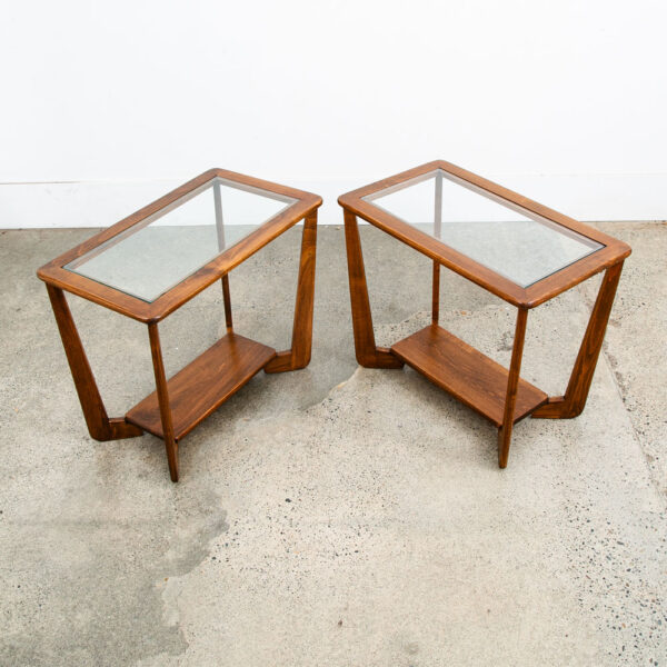 Mid Century  Modern End Tables Oak Glass Side Nightstands Shelf Pair Mcm