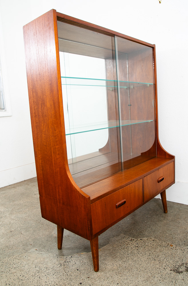 Mid Century Danish Modern Bookshelf Cabinet Teak Shelves Glass Shelves 2 Drawers - Image 12