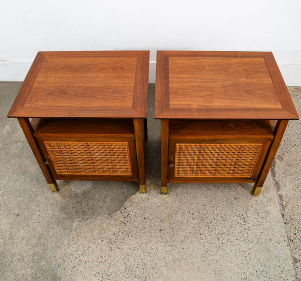 Mid Century Modern Nightstands End Side Tables Cane Walnut Founders Cabinet Set - Image 4