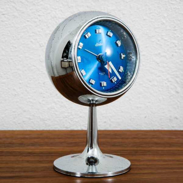 Mid Century Modern Alarm Clock Linden Japan Space Age Chrome Orb Blue Pedestal - Image 2