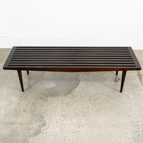 Mid Century Modern Slat Bench Coffee Table American Vintage Brown Wood Restored - Image 2