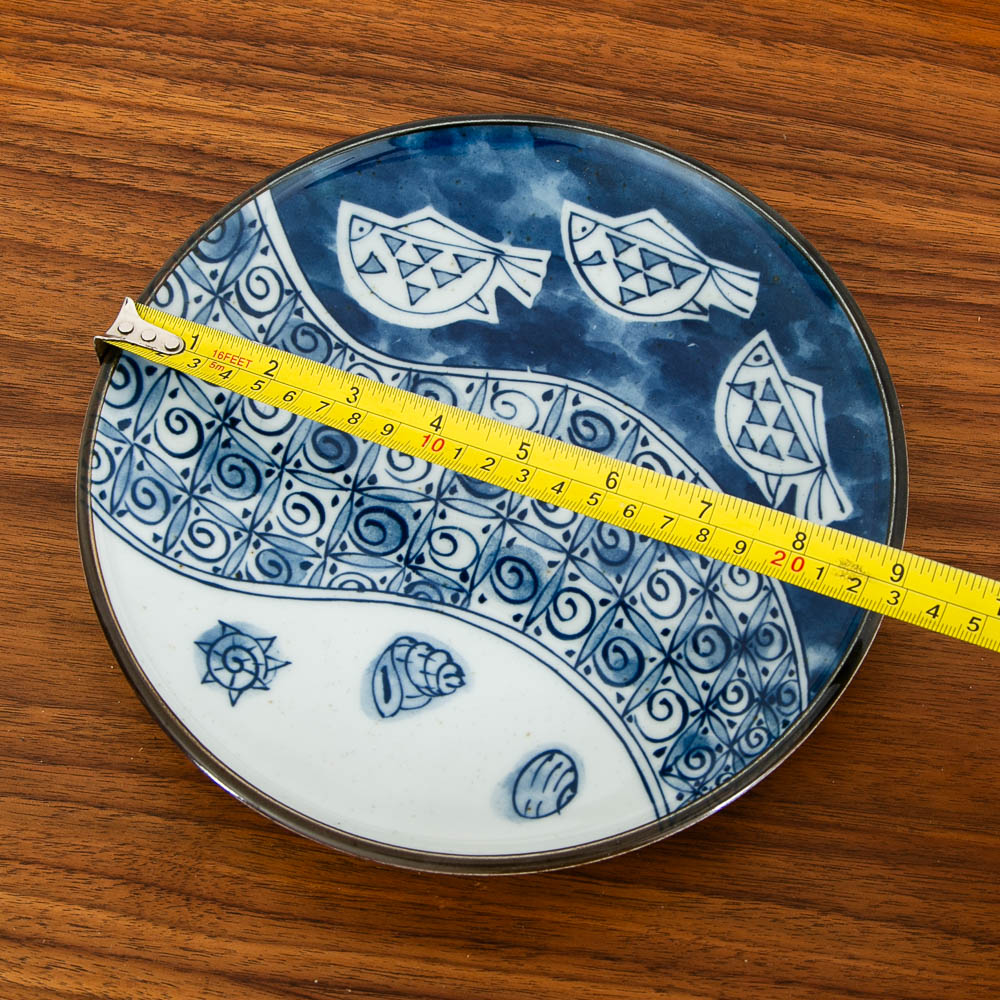 Mid Century Modern 5 Plate Set Fish Chiyama Kiln Minoware Japan Blue White 9" - Image 9