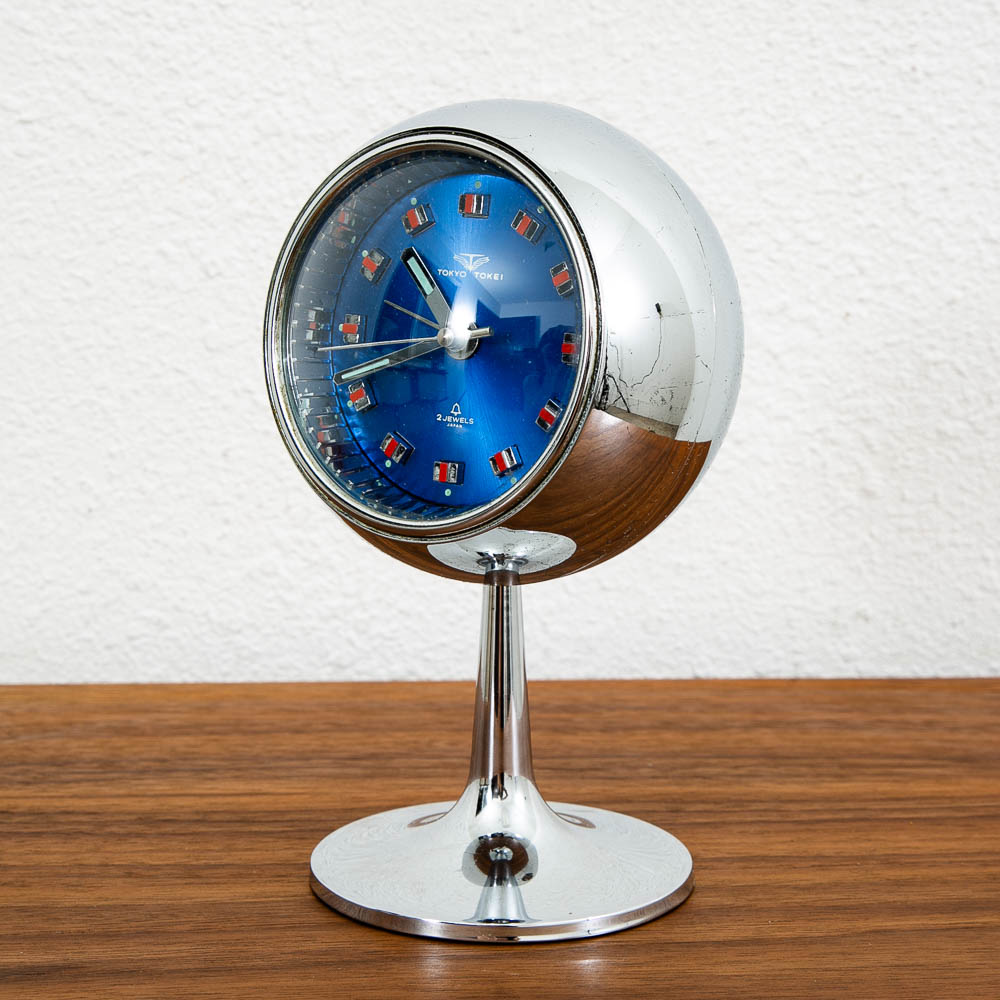 Mid Century Modern Alarm Clock Tokyo Tokei Space Age Chrome Orb Blue Pedestal