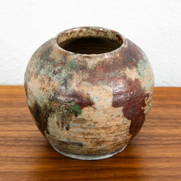 Mid Century Modern Studio Pottery Vase Raku Ceramic Textured Pot Round