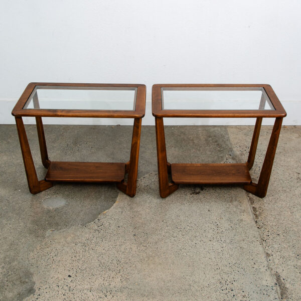 Mid Century  Modern End Tables Oak Glass Side Nightstands Shelf Pair Mcm - Image 6