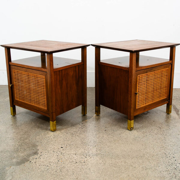 Mid Century Modern Nightstands End Side Tables Cane Walnut Founders Cabinet Set - Image 3