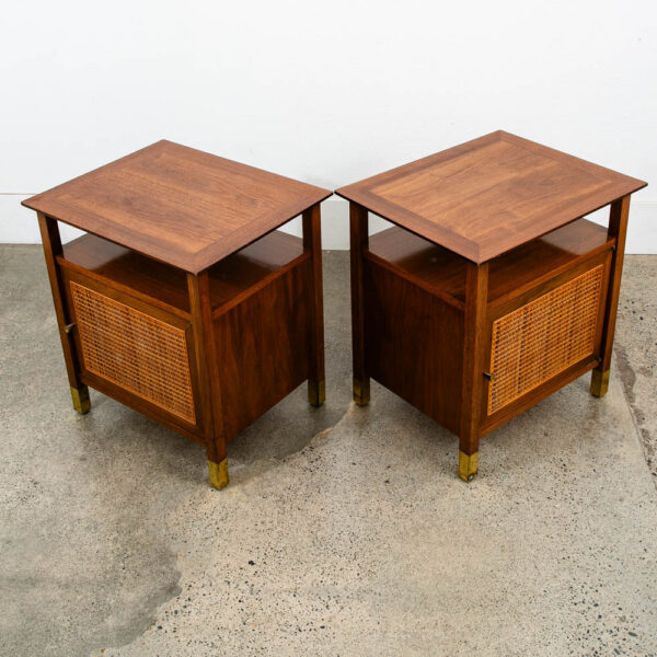 Mid Century Modern Nightstands End Side Tables Cane Walnut Founders Cabinet Set