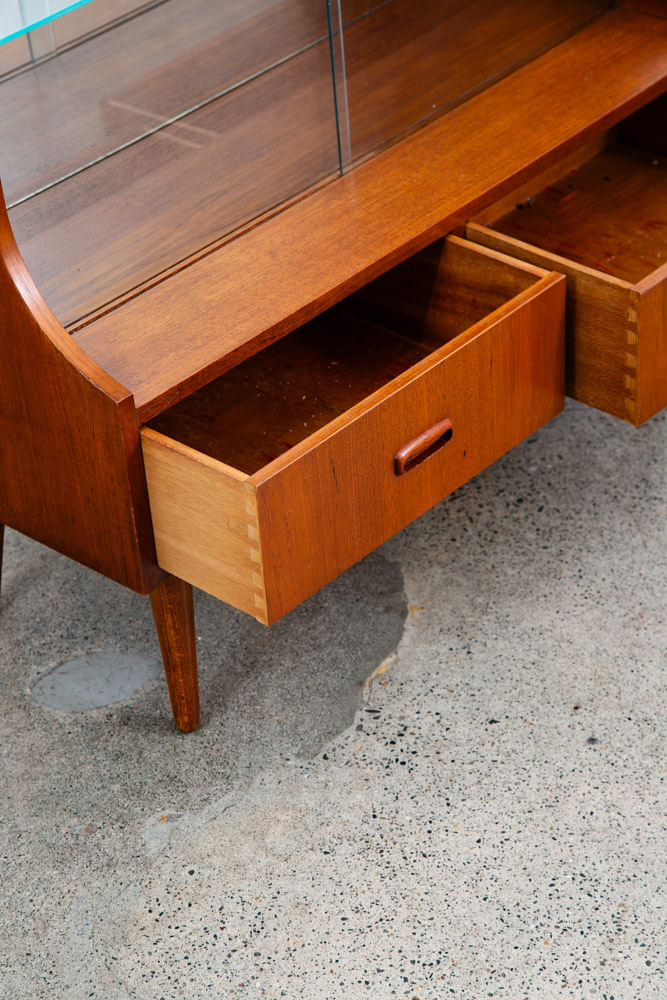 Mid Century Danish Modern Bookshelf Cabinet Teak Shelves Glass Shelves 2 Drawers - Image 7