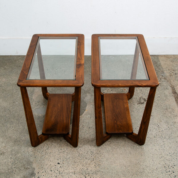 Mid Century  Modern End Tables Oak Glass Side Nightstands Shelf Pair Mcm - Image 4