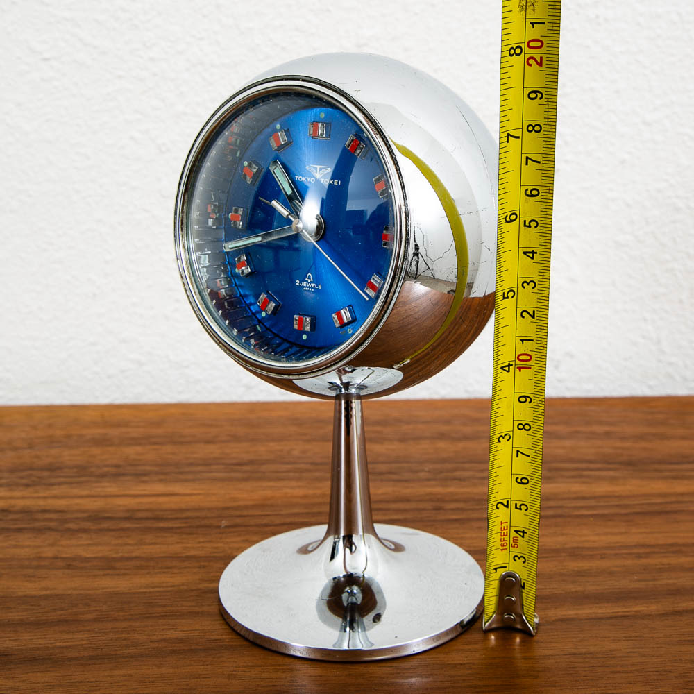 Mid Century Modern Alarm Clock Tokyo Tokei Space Age Chrome Orb Blue Pedestal - Image 8