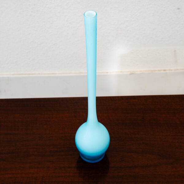 Mid Century Modern Art Glass Vase Blue Opaline Round Pencil Neck Cased Floral - Image 3