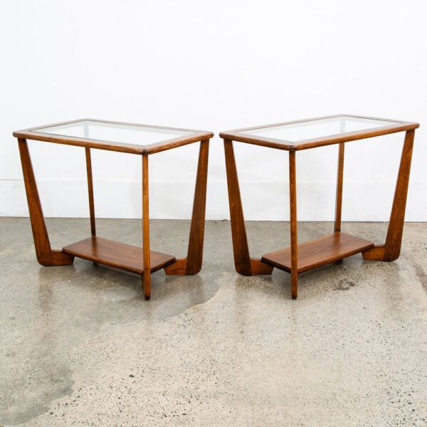Mid Century  Modern End Tables Oak Glass Side Nightstands Shelf Pair Mcm - Image 2