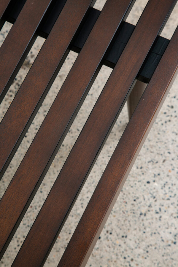Mid Century Modern Slat Bench Coffee Table American Vintage Brown Wood Restored - Image 7