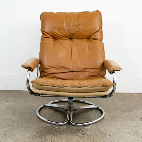 Mid Century Danish Modern Lounge Chair Tan Leather Skoghaug Ottoman Recliner - Image 5
